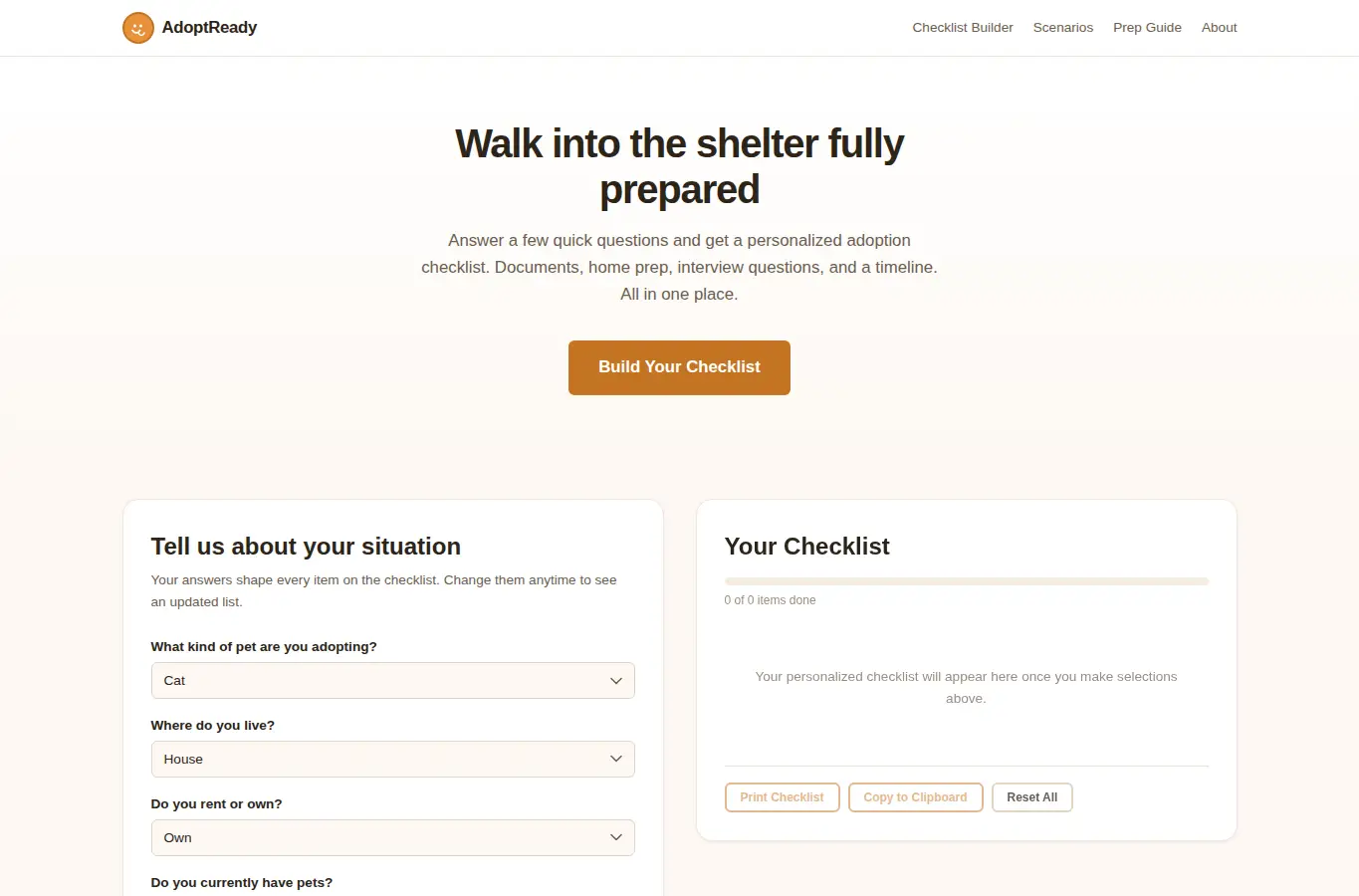 Screenshot of AdoptReady: Pet Adoption Application Prep Checklist interface showing the project page in use